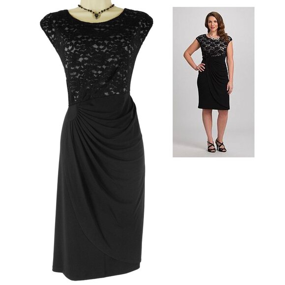 Black Sparkly Lace Bodice Faux-Wrap Dress Size 24W 3X Wedding Evening Plus Size - Picture 1 of 7